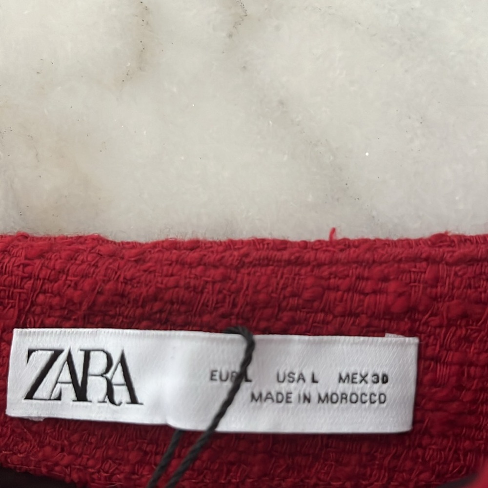 Zara Textured Tweed Boucle Asymmetric Chain Trim Mini Dress Red Gold Chain Sz L - Picture 10 of 17